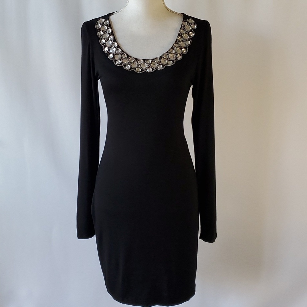 Soprano Little Black Mini Dress with Jewel Embellished Neckline Size M/L